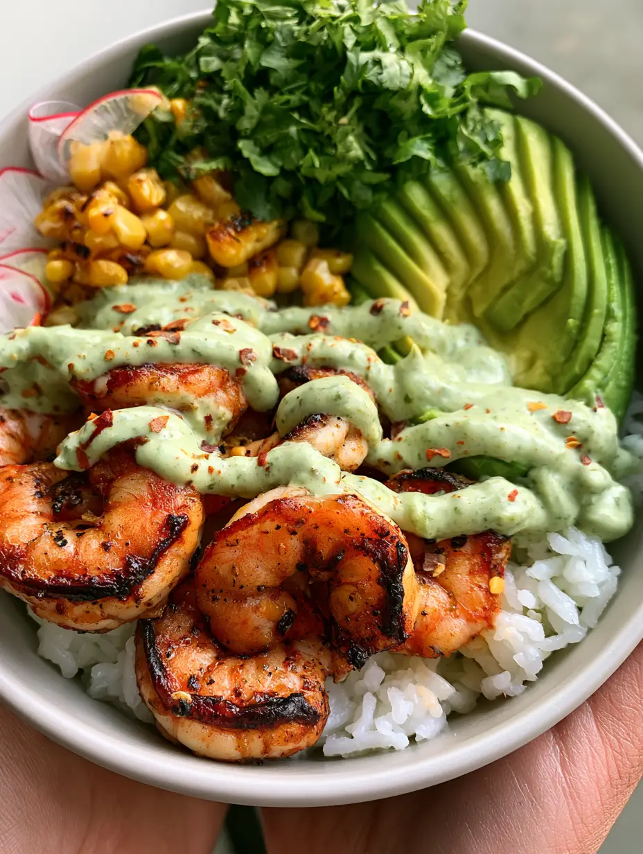 Top-down view of shrimp and avocado bowls on a white ceramic plate with glistening seared shrimp and fanned avocado. (shrimp and avocado bowls)