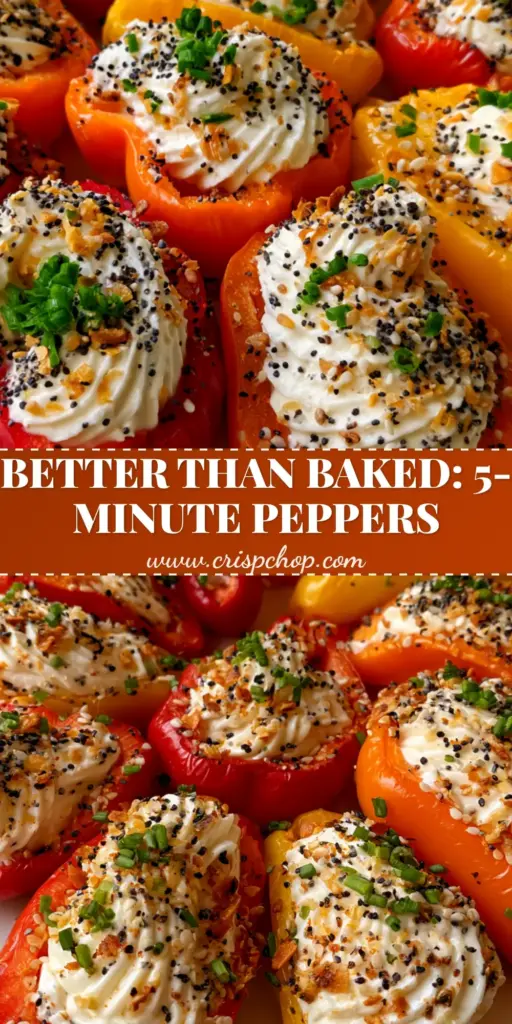 A close-up vertical shot of Cold Stuffed Mini Peppers arranged on a white platter, showing the thick cream cheese swirls and everything bagel seasoning.