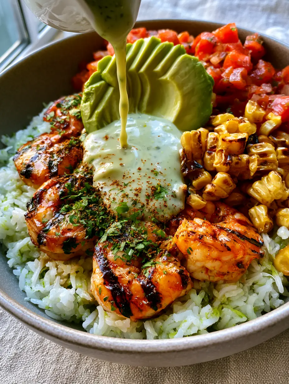 Close-up of jumbo shrimp with dark grill marks and glistening glaze in a Grilled Shrimp and Avocado Bowl. (Grilled Shrimp and Avocado Bowls)