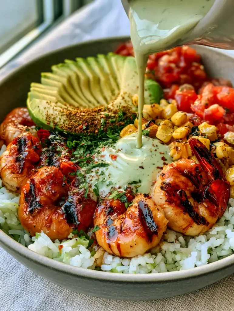 Creamy cilantro lime dressing being drizzled over a Grilled Shrimp and Avocado Bowl with charred corn and pico de gallo.