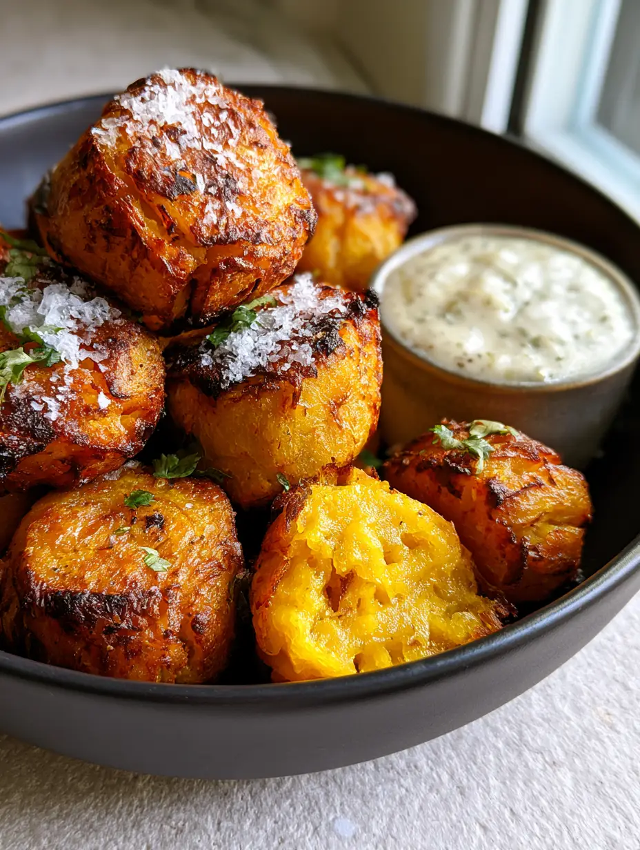 Close up of air-fried plantain balls showing caramelized edges and flaky salt. (plantain balls recipe)