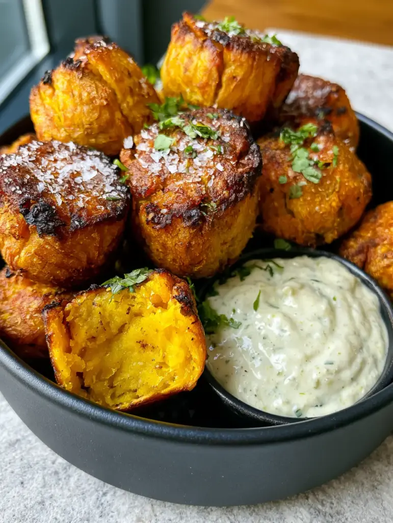 One plantain ball broken in half revealing a vibrant yellow interior. (plantain balls recipe)
