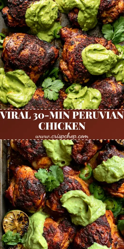 Top-down view of a dark metal sheet pan with crispy mahogany Peruvian Chicken thighs, creamy Aji Verde sauce, and charred limes.