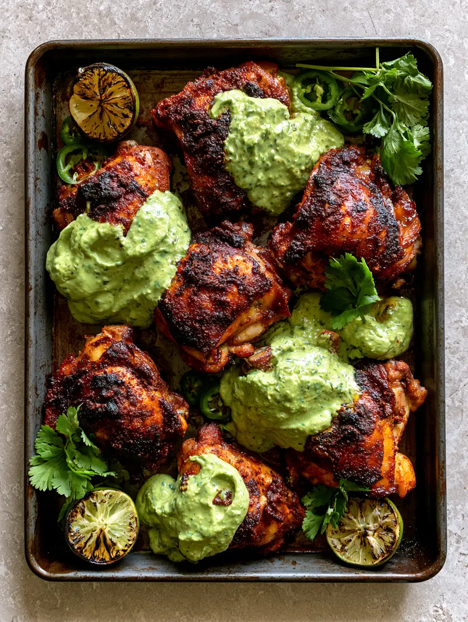 Rustic dark metal sheet pan filled with spice-rubbed Peruvian chicken thighs and Aji Verde sauce.