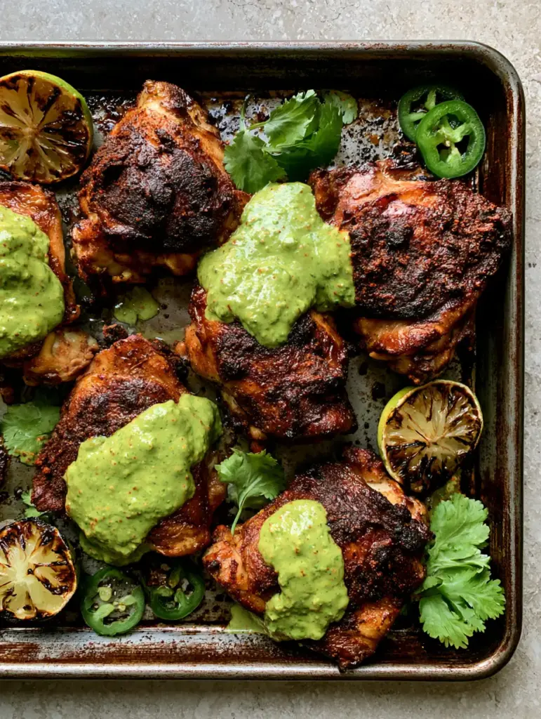 Close-up of blistered spice-rubbed chicken thighs with dollops of thick green cilantro lime sauce.
