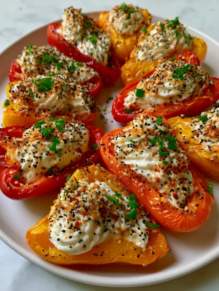 A top-down view of Cold Stuffed Mini Peppers in red, orange, and yellow shades heavily topped with poppy and sesame seeds. (Cold Stuffed Mini Peppers)