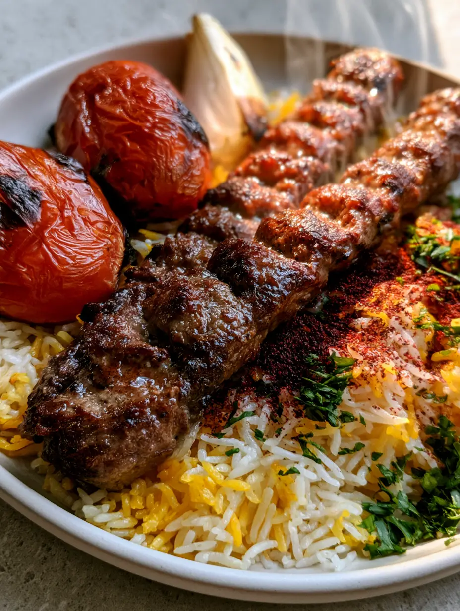 Close-up of Kabob Koobideh showing charred edges, meat juices, and steam wisps over yellow saffron rice.