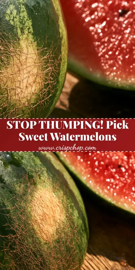A close up of a ripe watermelon showing a creamy-yellow field spot and brown webbing. (Watermelon Facts)