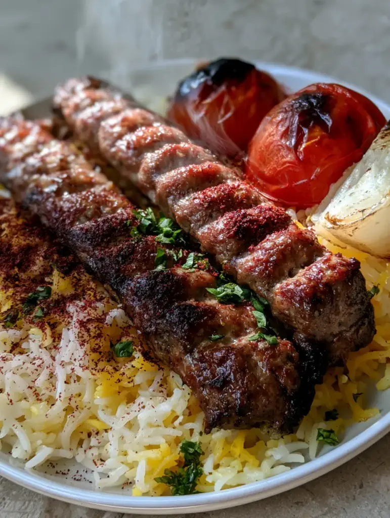 Kabob Koobideh platter featuring blistered red tomatoes, a grilled onion wedge, and dark red sumac spice.