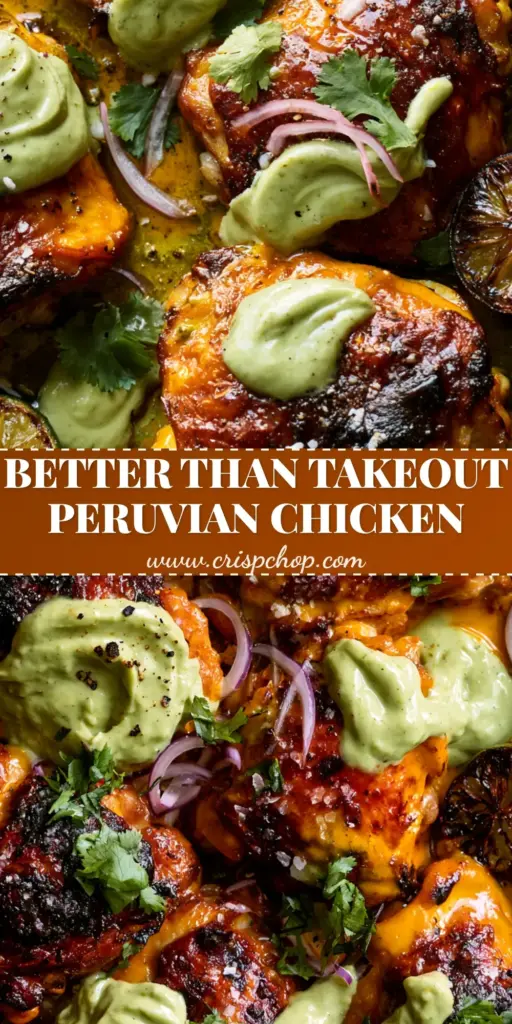 A high-angle shot of Spicy Peruvian Amarillo Chicken on a dark metal sheet pan with glossy orange glaze and green aji verde sauce.