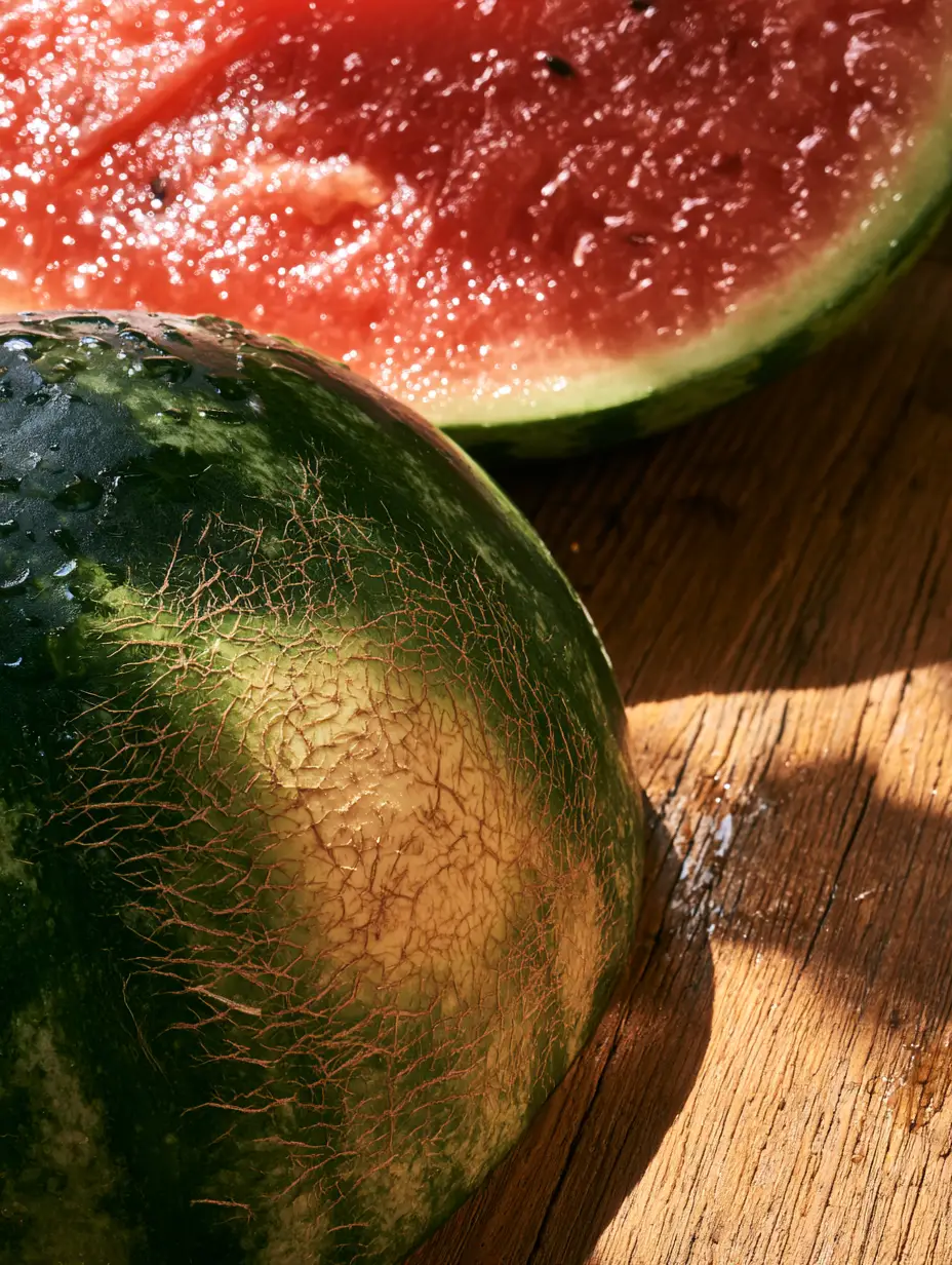 Macro shot of dark green striped watermelon rind with brown sandpaper-like webbing scars. (Watermelon Facts)