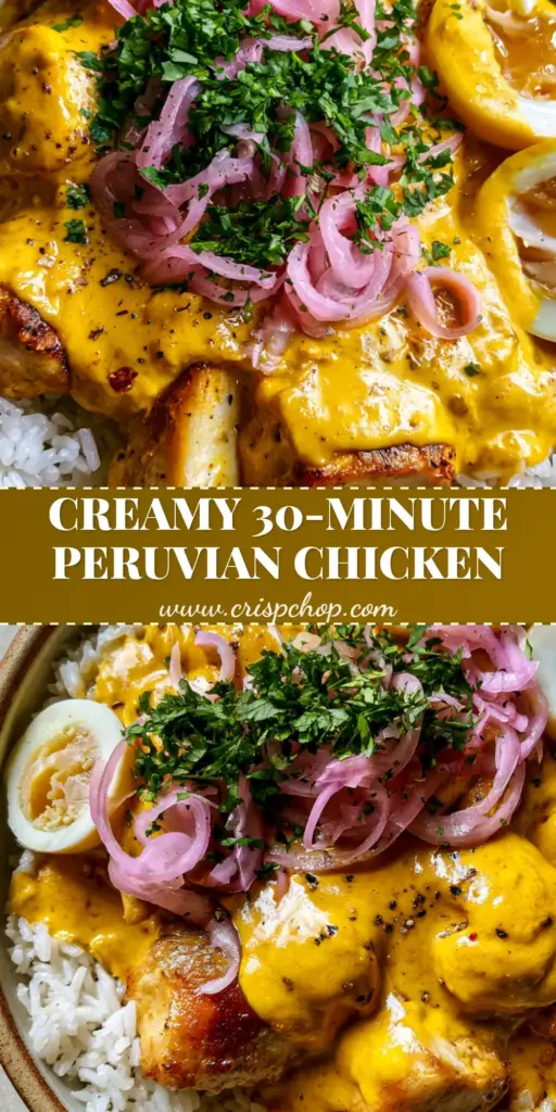 A rustic ceramic pan featuring Peruvian Amarillo Chicken with seared golden-brown chunks in a vibrant yellow sauce, topped with jammy eggs and pickled onions.