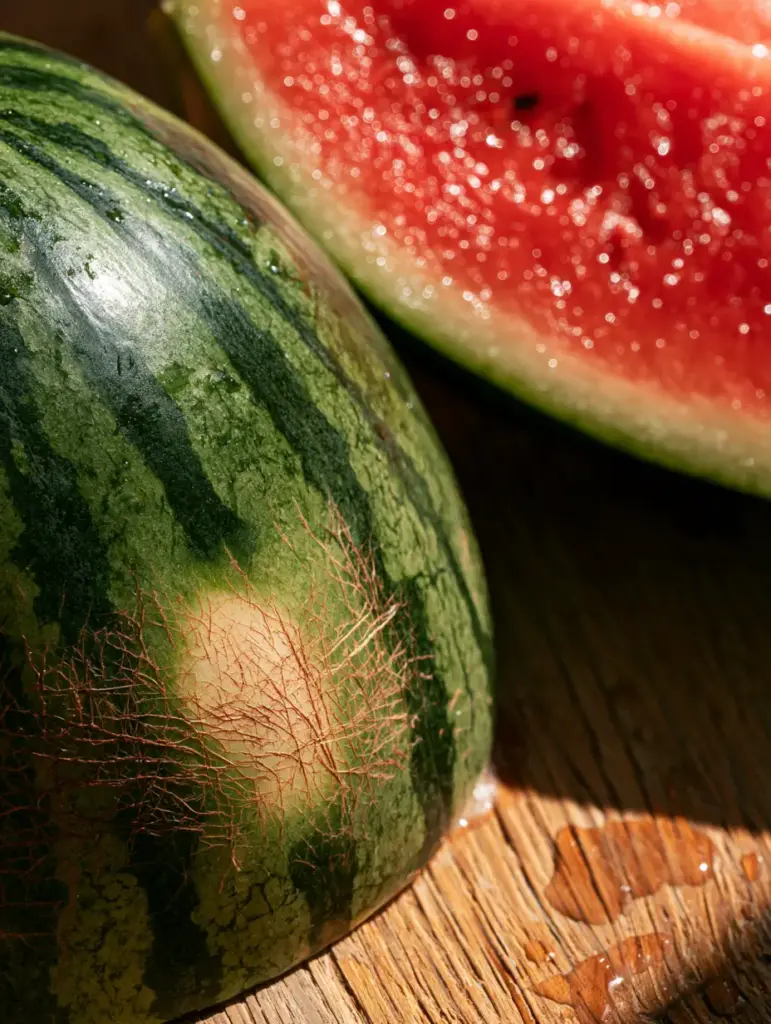 Vibrant ruby-red crystalline flesh of a watermelon wedge glistening with cold juice droplets.