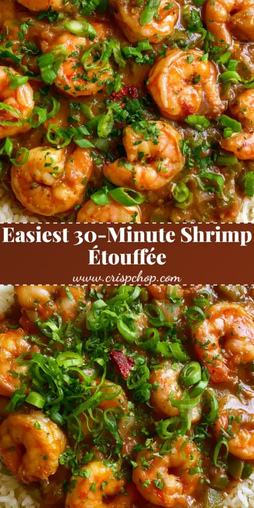 A top-down view of a white ceramic bowl filled with Shrimp Étouffée, featuring mahogany silk gravy, seared pink shrimp, and fluffy white rice garnished with green onions and parsley.