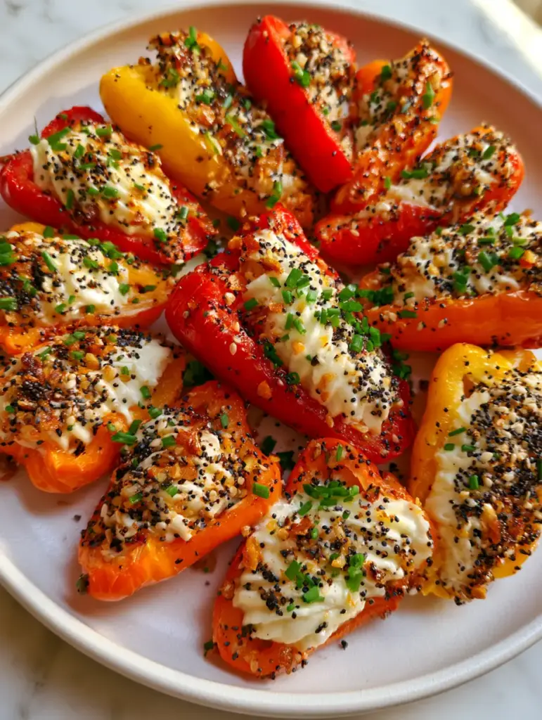 A detailed handheld photo showing the velvety piped cream cheese texture in Cold Stuffed Mini Peppers.