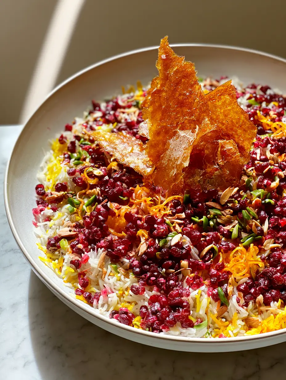 Top-down view of Persian Jeweled Rice showing the mosaic of saffron rice, barberries, and almonds in a white ceramic bowl.