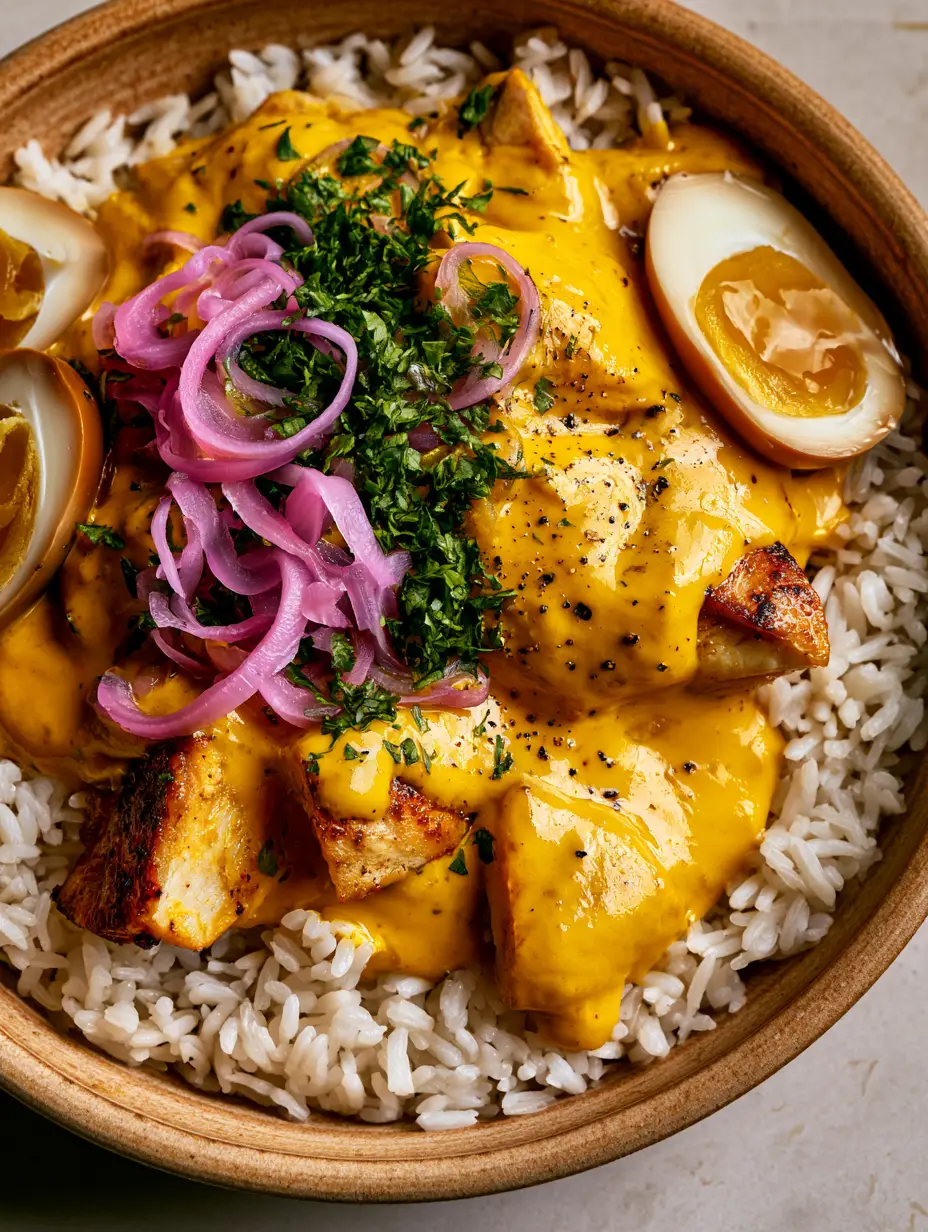 Close-up handheld smartphone photo of Peruvian Amarillo Chicken, showcasing the thick, glossy yellow sauce and seared chicken edges on jasmine rice.