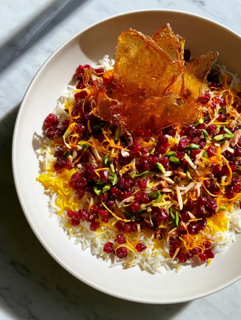 Detailed shot of honey-gold crispy potato tahdig shards resting on top of saffron-infused Persian Jeweled Rice.