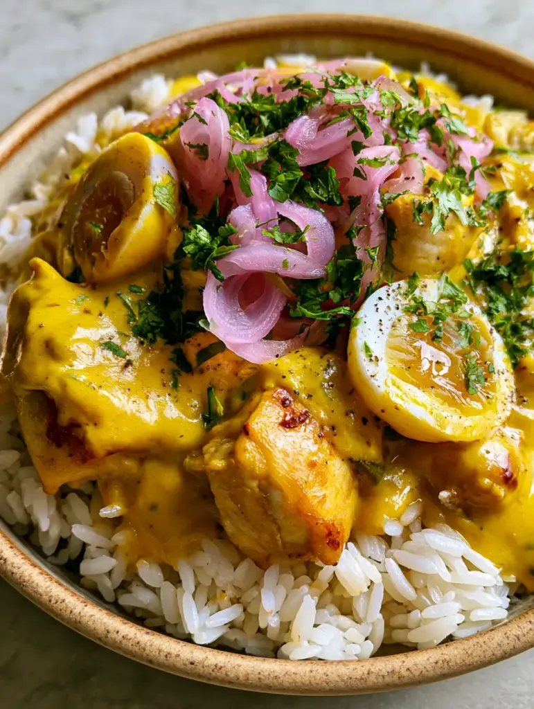 High-angle view of Peruvian Amarillo Chicken garnished with paper-thin pickled red onions, cilantro, and jammy yolks on a grey stone background.