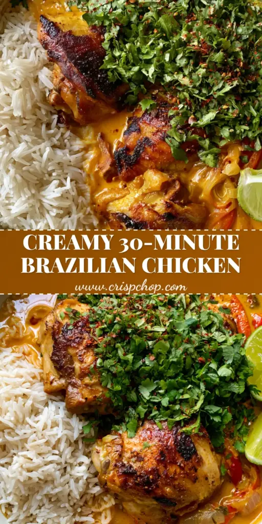 Brazilian Coconut Chicken: A Creamy, Golden One-Pan Masterpiece 4 A shallow white ceramic bowl featuring Brazilian Coconut Chicken chunks with charred edges, vibrant orange sauce, and fresh cilantro over jasmine rice.