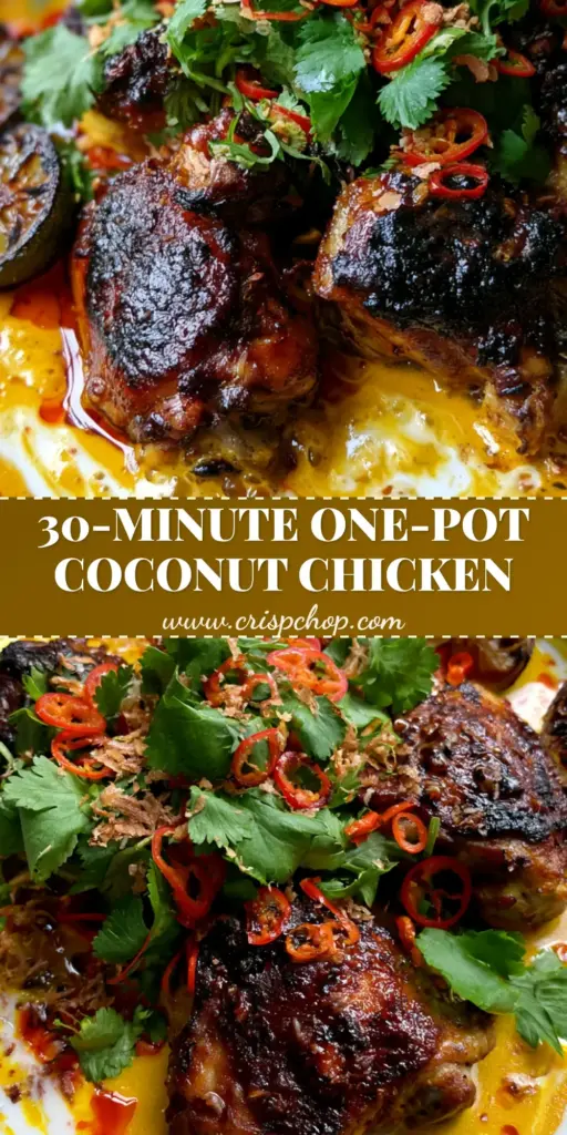 A top-down view of East African Coconut Chicken Curry in a black pot with charred chicken and lime. (East African Coconut Chicken Curry)