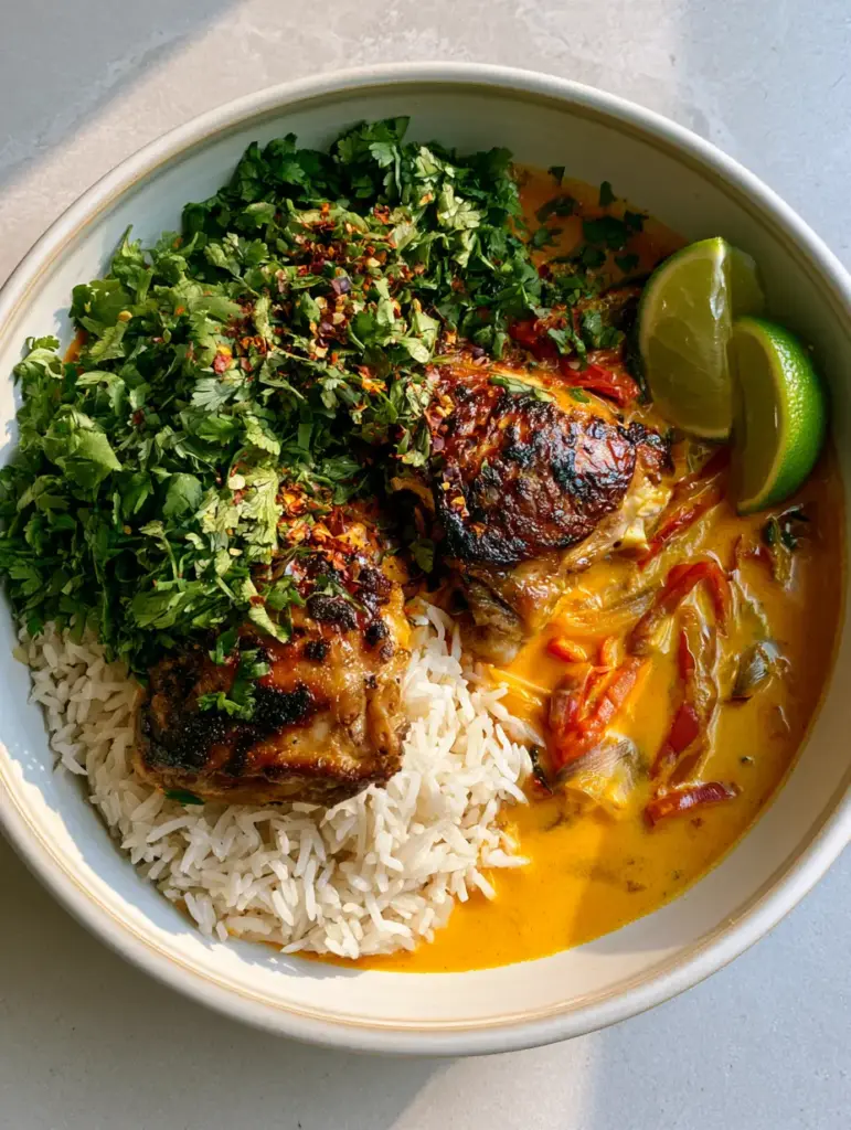 Brazilian Coconut Chicken: A Creamy, Golden One-Pan Masterpiece 2 Close up handheld photo of Brazilian Coconut Chicken showing succulent chicken thighs in a thick orange coconut sauce with red peppers.