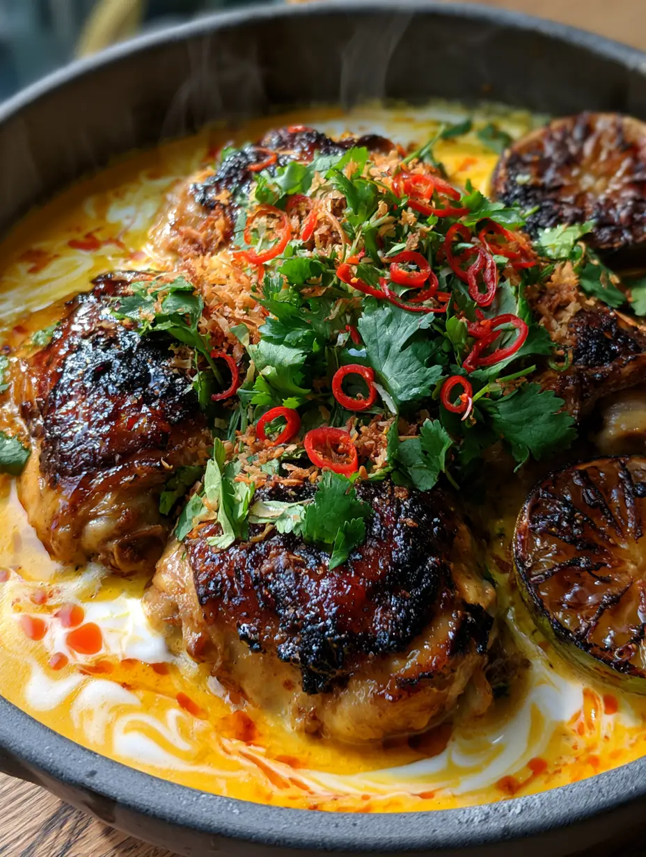 Macro close-up of seared chicken thighs in a thick golden coconut curry sauce with white swirls. (East African Coconut Chicken Curry)