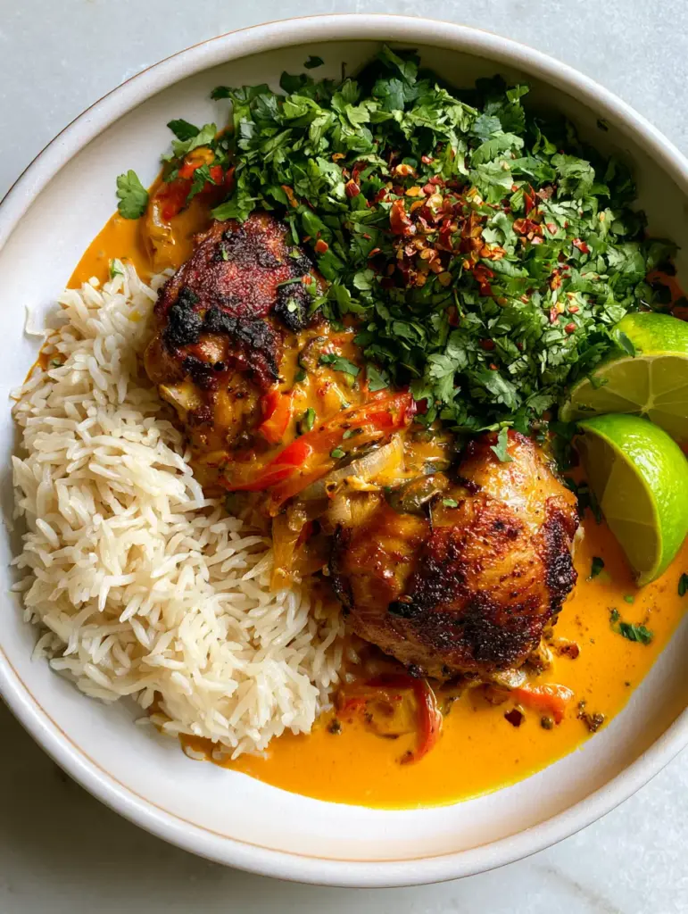 Brazilian Coconut Chicken: A Creamy, Golden One-Pan Masterpiece 1 Overhead view of a Brazilian Coconut Chicken bowl garnished with a dense layer of cilantro and lime wedges on a grey stone surface.