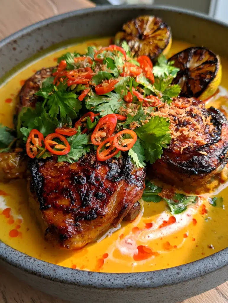 Smeared coconut cream and chili oil droplets on a vibrant yellow curry base. (East African Coconut Chicken Curry)
