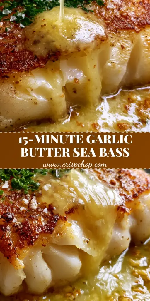A close up of a pan-seared Chilean sea bass fillet with a golden crust, topped with garlic butter and sea salt flakes.