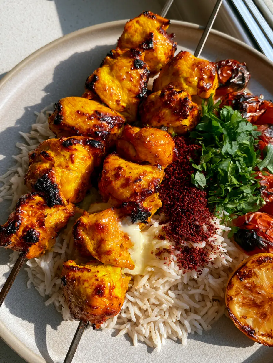 Top-down view of Joojeh Kebabs on a gray plate with melting butter on fluffy basmati rice and charred cherry tomatoes. (Joojeh Kebabs)
