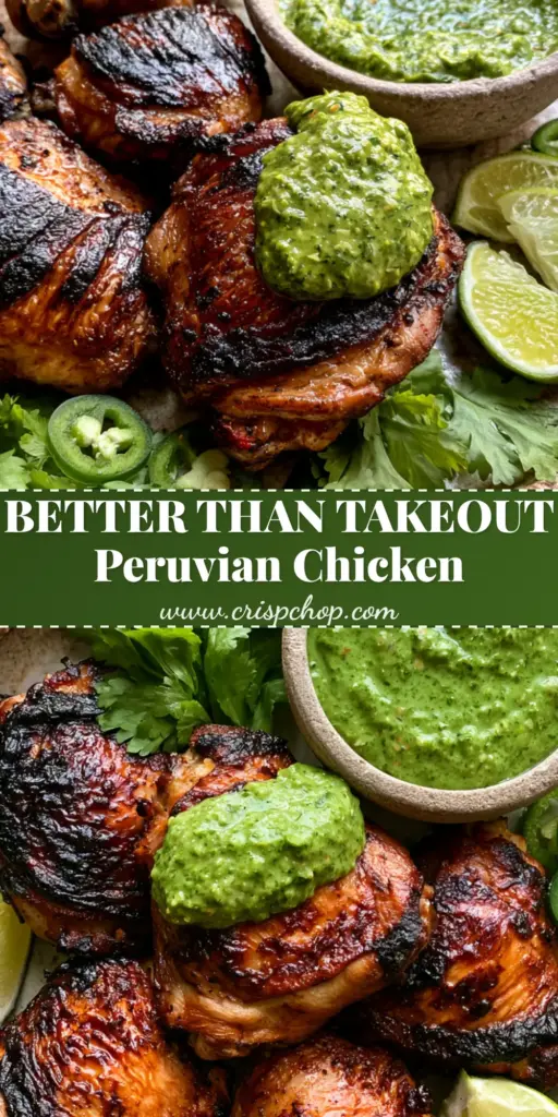 A rustic grey platter featuring several pieces of Peruvian grilled chicken with charred skin, served with a stone bowl of neon-green Aji Verde sauce, lime wedges, and sliced jalapeños.