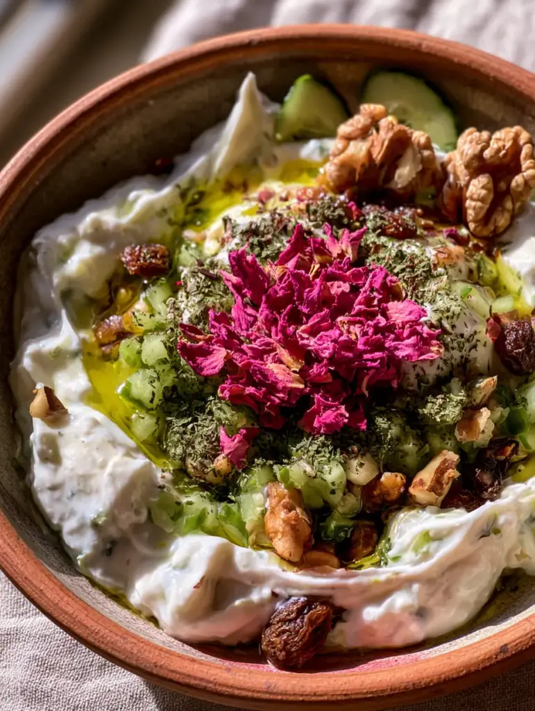 Mast-o Khiar: The Ultimate Creamy Persian Yogurt and Cucumber Dip Recipe 2 Close-up of Mast-o Khiar yogurt dip showing creamy peaks, diced cucumbers, and a swirl of olive oil. (Mast-o Khiar)