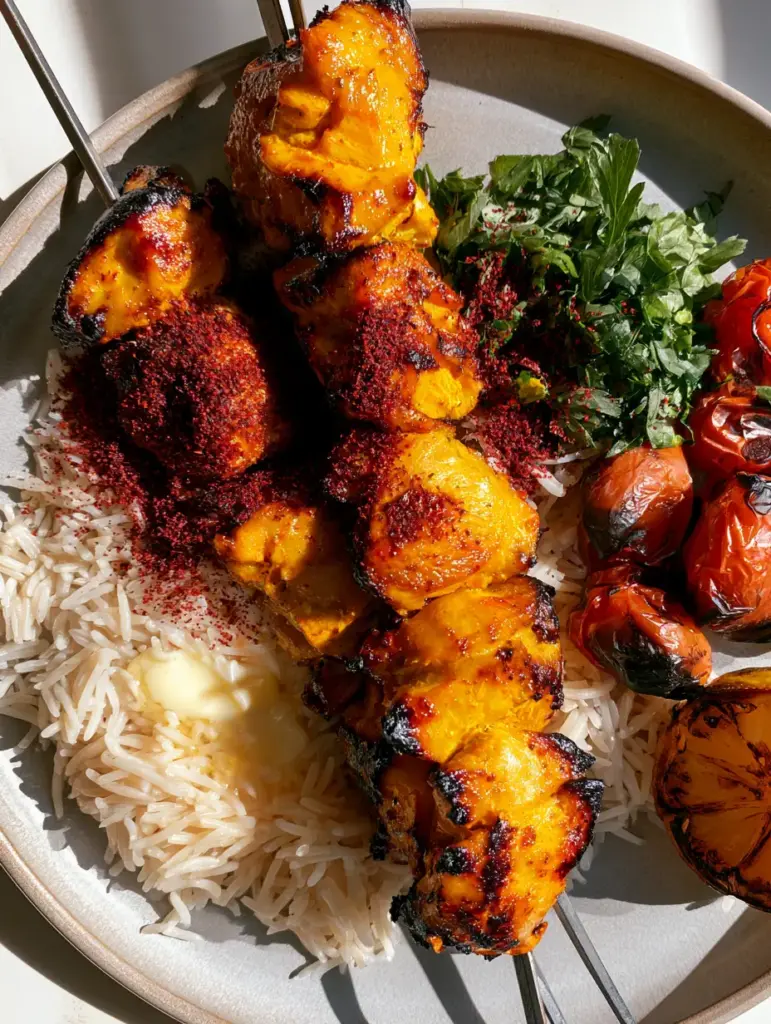 Close-up of succulent chicken chunks with saffron marinade and dark charred edges on a metal skewer. (Joojeh Kebabs)