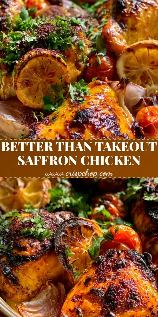 A rustic roasting pan filled with golden-orange Persian Saffron Chicken, blistered cherry tomatoes, and charred lemon wheels. (Persian Chicken)