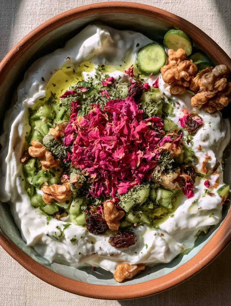 Mast-o Khiar: The Ultimate Creamy Persian Yogurt and Cucumber Dip Recipe 1 Persian Mast-o Khiar served in a rustic bowl on a linen background with natural light shadows.