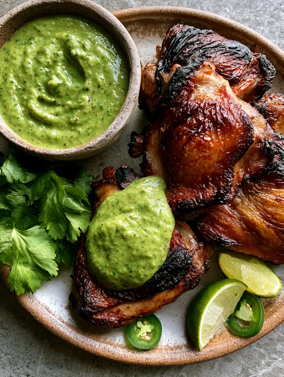 Close-up smartphone photo of glistening Peruvian grilled chicken thighs with charred edges and a heavy dollop of thick Aji Verde sauce.
