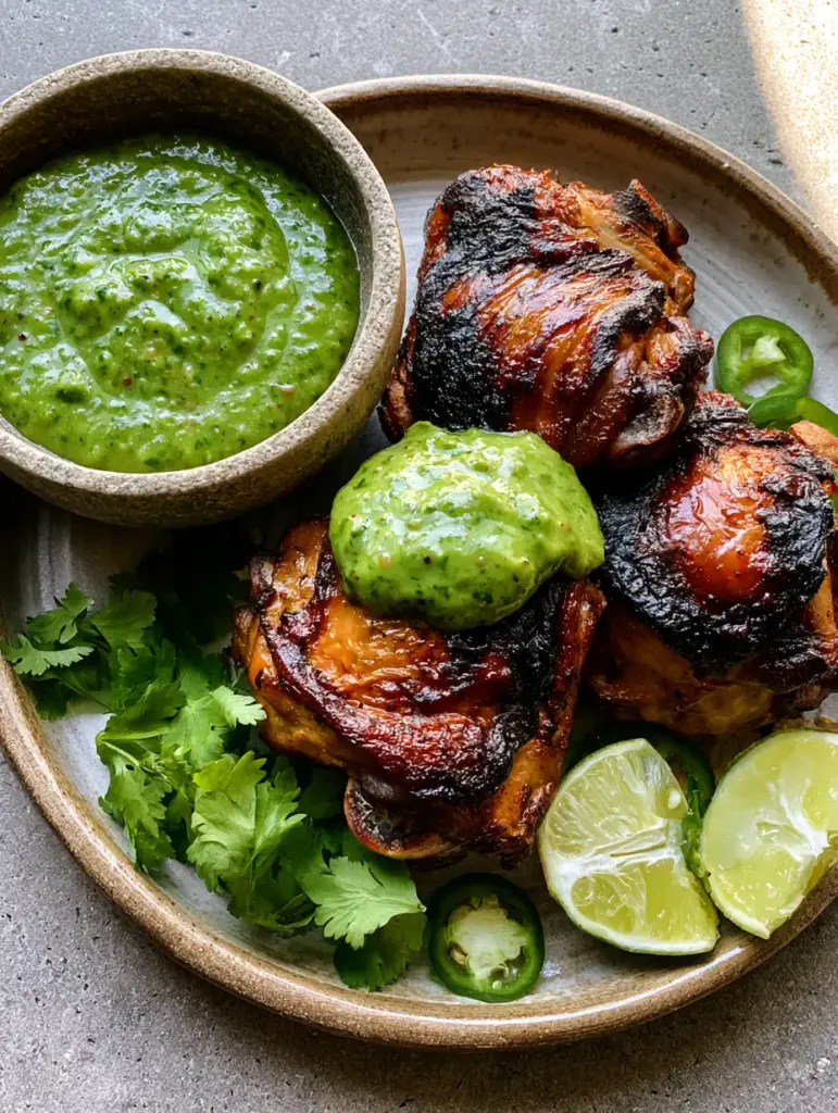 Authentic home cooking aesthetic showing a platter of Peruvian grilled chicken with fresh cilantro and lime wedges on a grey stone countertop.