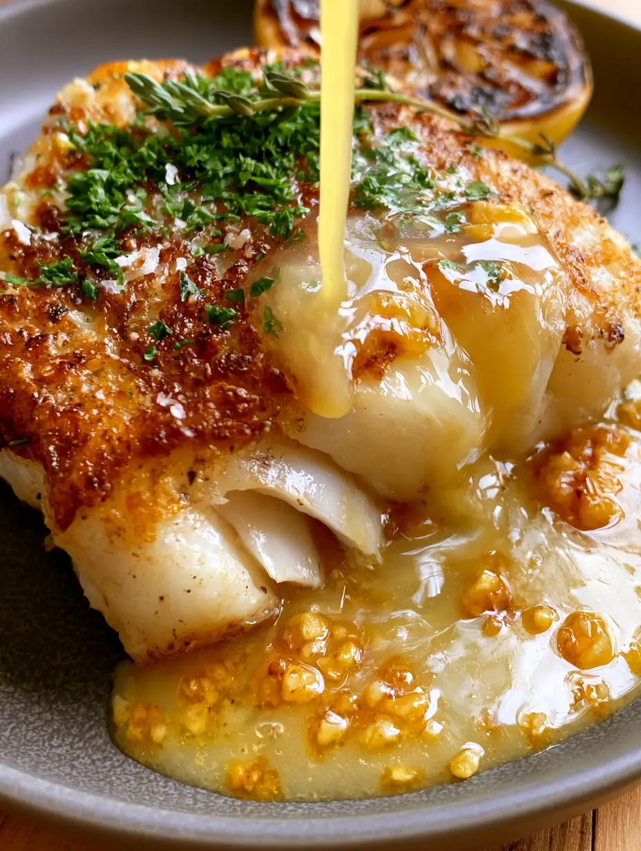 Extreme macro shot of moist pearly white flakes of Chilean sea bass being drizzled with garlic butter.