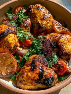Extreme macro overhead shot of Persian Chicken in a ceramic pan with vibrant golden-orange skin and dark charred marks. (Persian Chicken)