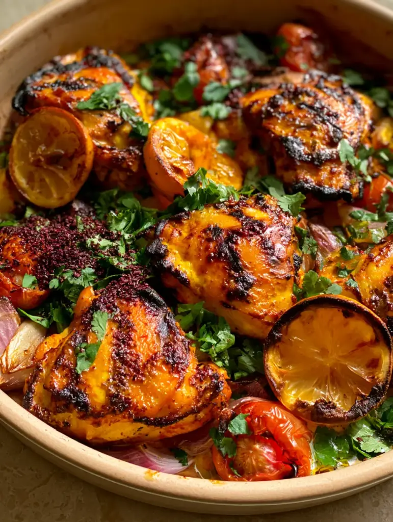 Close-up of blistered cherry tomatoes and caramelized red onion wedges nestled next to saffron-glazed Persian Chicken.