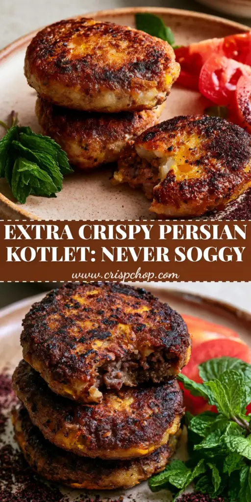 A stack of three golden-brown Persian Kotlet beef and potato patties with jagged crispy edges, garnished with sumac, mint, and tomato on a light stone surface.