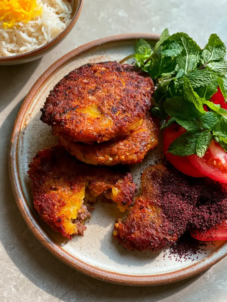 Persian Kotlet served on a rustic plate with saffron-topped basmati rice and fresh garnishes of tomato and mint.