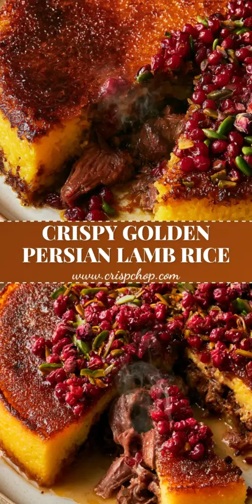 A perfectly flipped Persian Yogurt Rice with Lamb showing a deep golden saffron crust and shredded meat center.