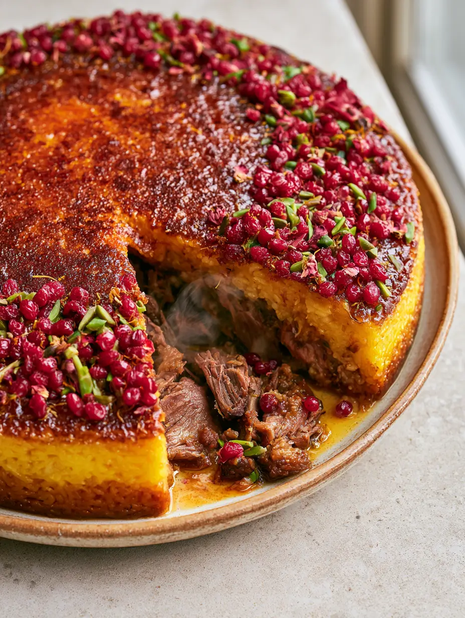 Overhead cross-section of Persian Yogurt Rice with Lamb showing fluffy yellow rice and succulent shredded lamb shoulder.
