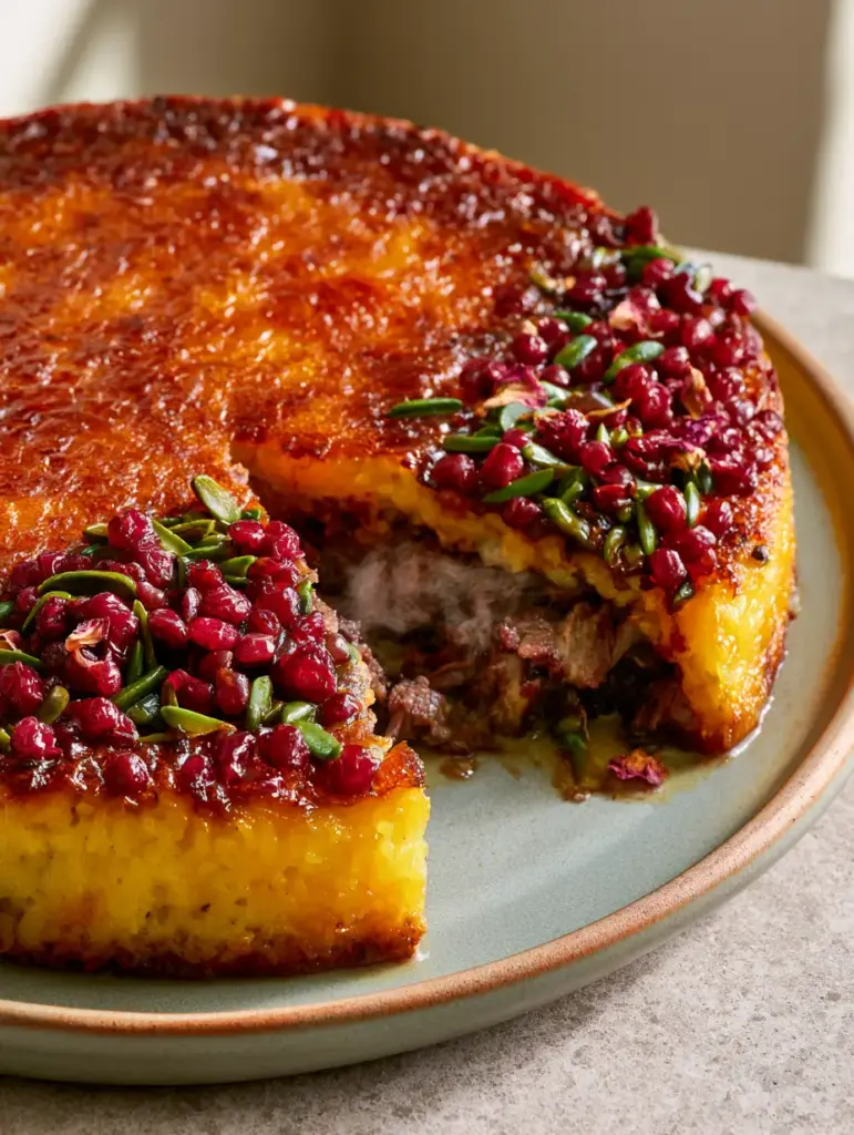 Close up of the glass-like crackled saffron rice crust of the Persian Yogurt Rice with Lamb garnished with rose petals.