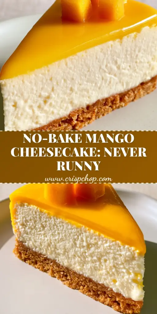 A vertical close-up of a thick slice of mango cheesecake with a golden mirror glaze and fresh mango cubes. (mango cheesecake recipe)