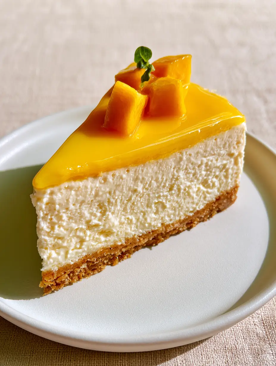 Detailed close-up showing the dense white cream cheese filling and thick golden mango glaze. (mango cheesecake recipe)