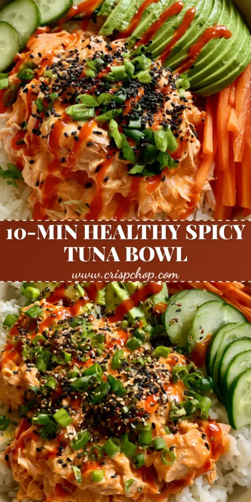 Spicy Tuna Bowl with Sriracha Mayo and Fresh Jasmine Rice 4 A high-angle view of a spicy tuna bowl with sriracha mayo tuna, avocado, and carrots in a cream bowl. (spicy tuna bowl)