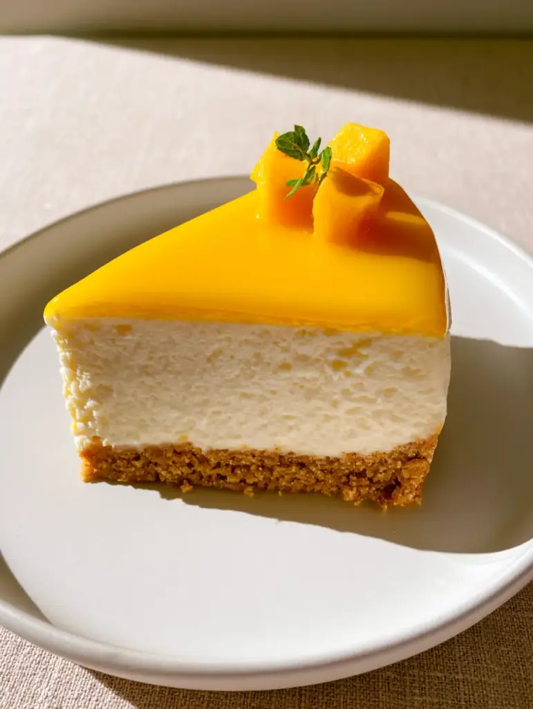 A thick upright slice of mango cheesecake on a matte white plate with micro-mint garnish.